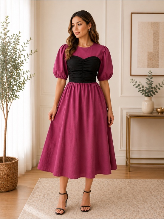 chiuyi Dresses & Skirts - Black & Mauve Puff Sleeve Tie Back Midi Dress Small